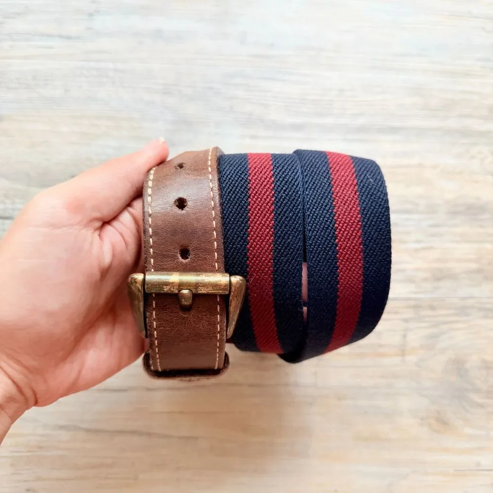 L.L.Bean Stretch Web Belt Size 40 Brown Leather Navy Red Stripe Brass Buckle